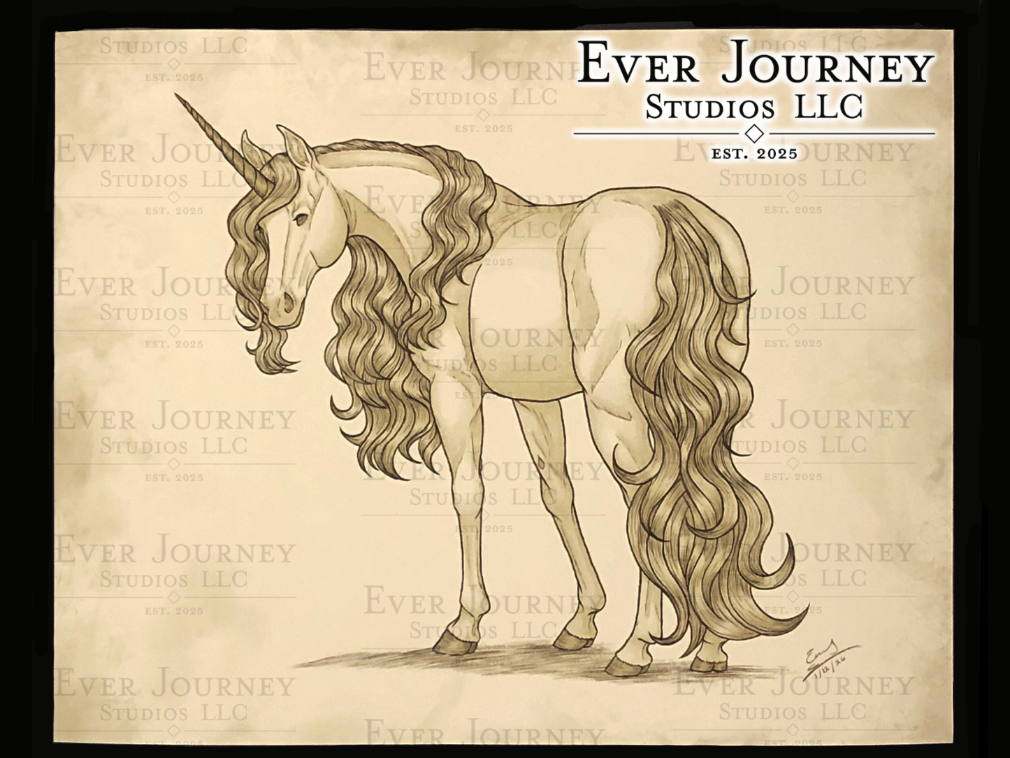 An illustration of a unicorn. The entire piece is tan-toned with aging along the edges. In the corner is a logo reading "Ever Journey Studios LLC".