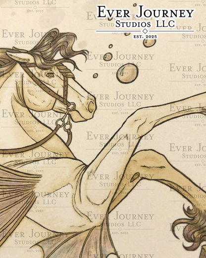 A close-up of the Hippocampus' face and front legs. Ever Journey Studios LLC logo is in the corner.