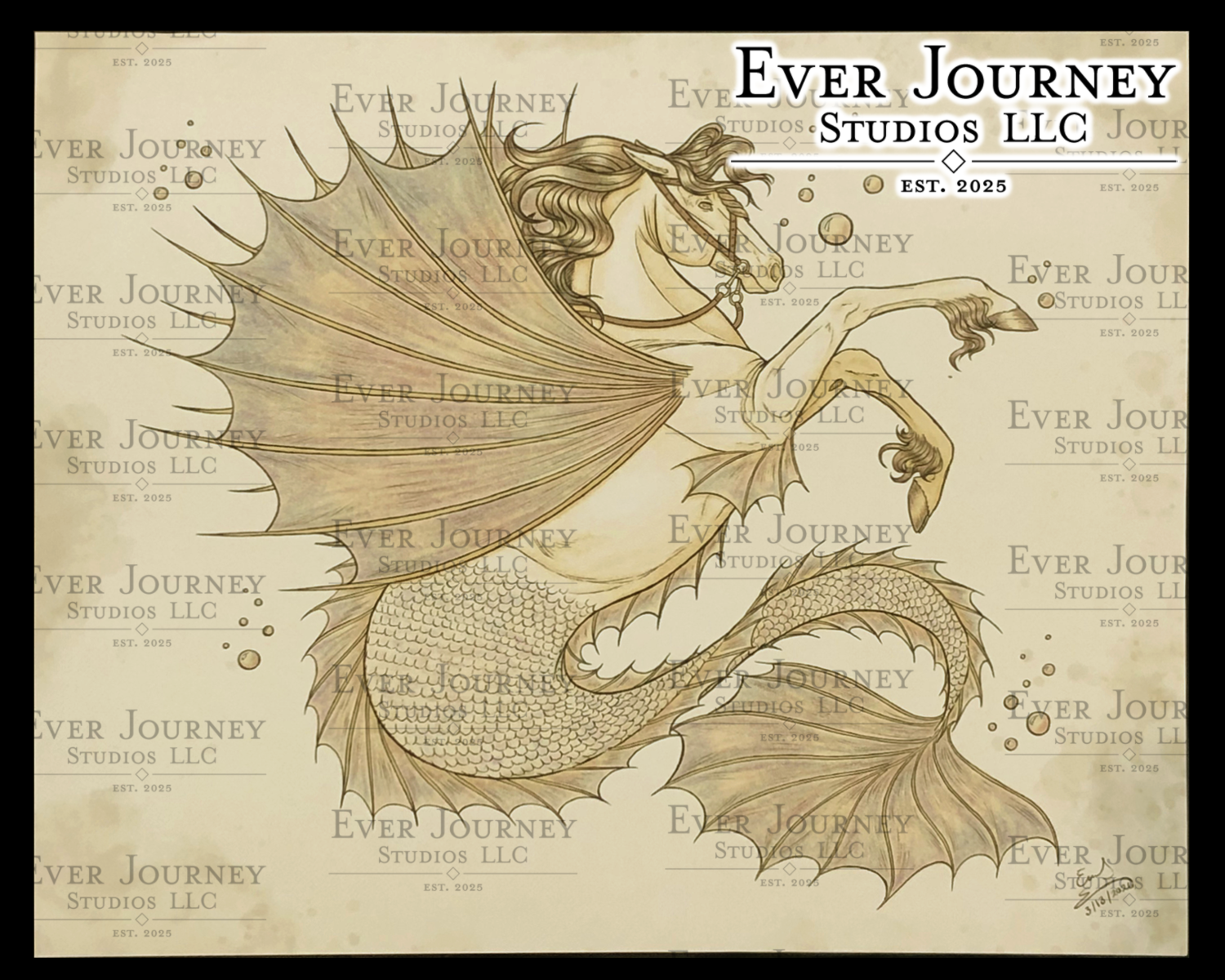 A winged Hippocampus wearing a bridle surrounded by bubbles. Ever Journey Studios LLC logo is in the corner.
