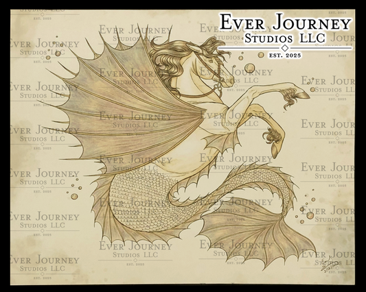 A winged Hippocampus wearing a bridle surrounded by bubbles. Ever Journey Studios LLC logo is in the corner.
