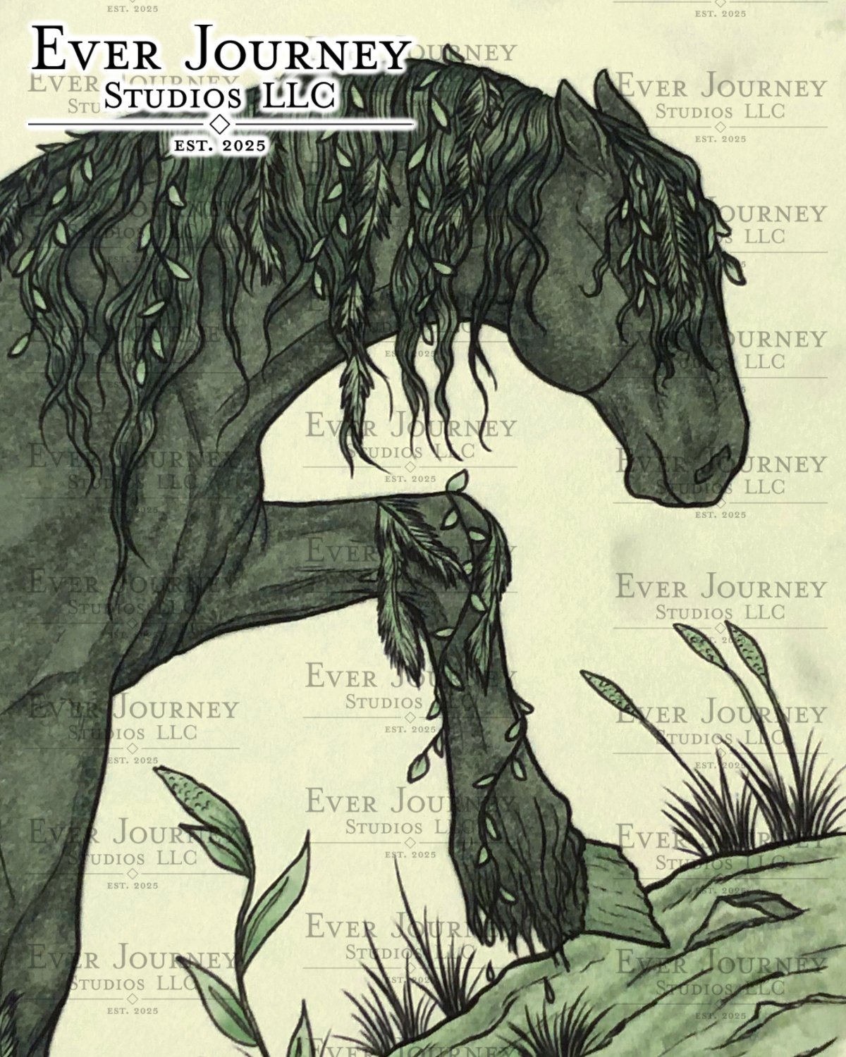 A close-up of the Kelpie's head and front leg. Algae is tangled in its mane and on its leg. Ever Journey Studios LLC logo is in the corner.