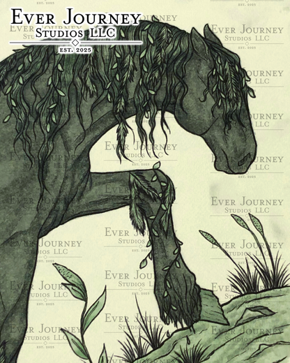 A close-up of the Kelpie's head and front leg. Algae is tangled in its mane and on its leg. Ever Journey Studios LLC logo is in the corner.