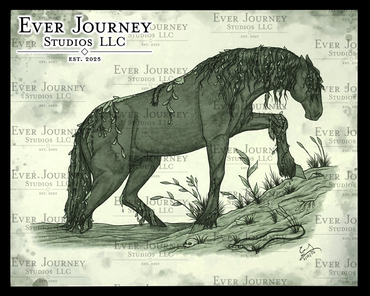 A dark, algae-covered Kelpie walks up the bank of a river. Everything is green-toned. Ever Journey Studios LLC logo is in the corner.