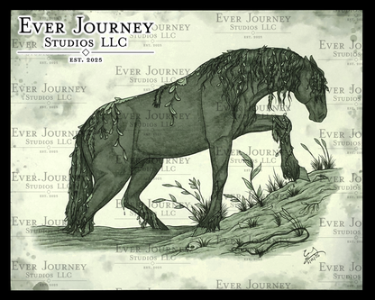 A dark, algae-covered Kelpie walks up the bank of a river. Everything is green-toned. Ever Journey Studios LLC logo is in the corner.