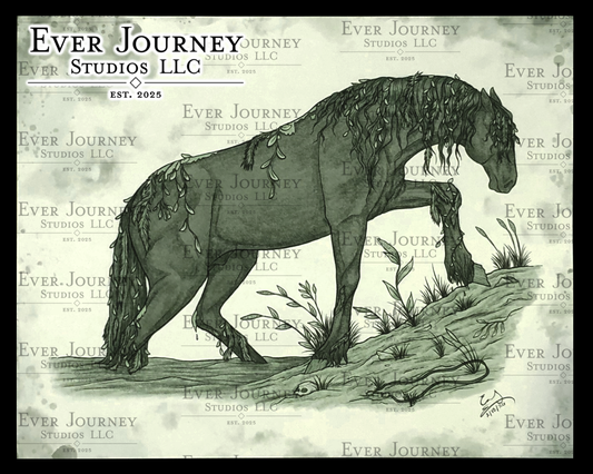 A dark, algae-covered Kelpie walks up the bank of a river. Everything is green-toned. Ever Journey Studios LLC logo is in the corner.