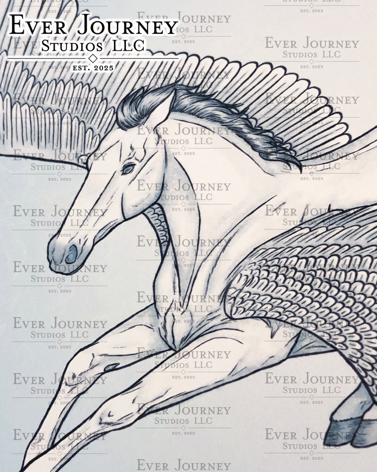 A close-up of the Pegasus' face and front legs. Ever Journey Studios LLC logo is in the corner.