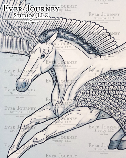 A close-up of the Pegasus' face and front legs. Ever Journey Studios LLC logo is in the corner.