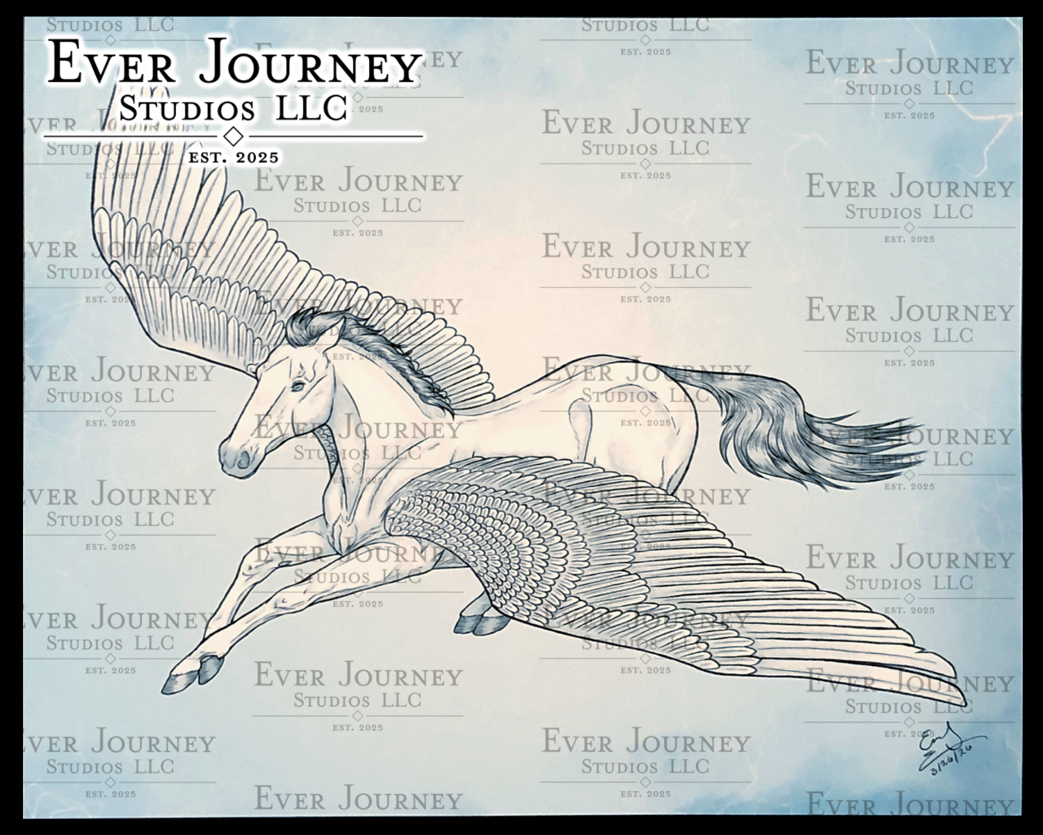 Image of a Pegasus flying through the sky. Ever Journey Studios LLC logo is in the corner.