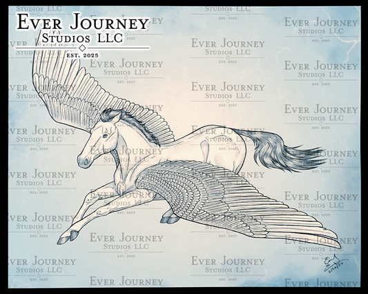 Image of a Pegasus flying through the sky. Ever Journey Studios LLC logo is in the corner.