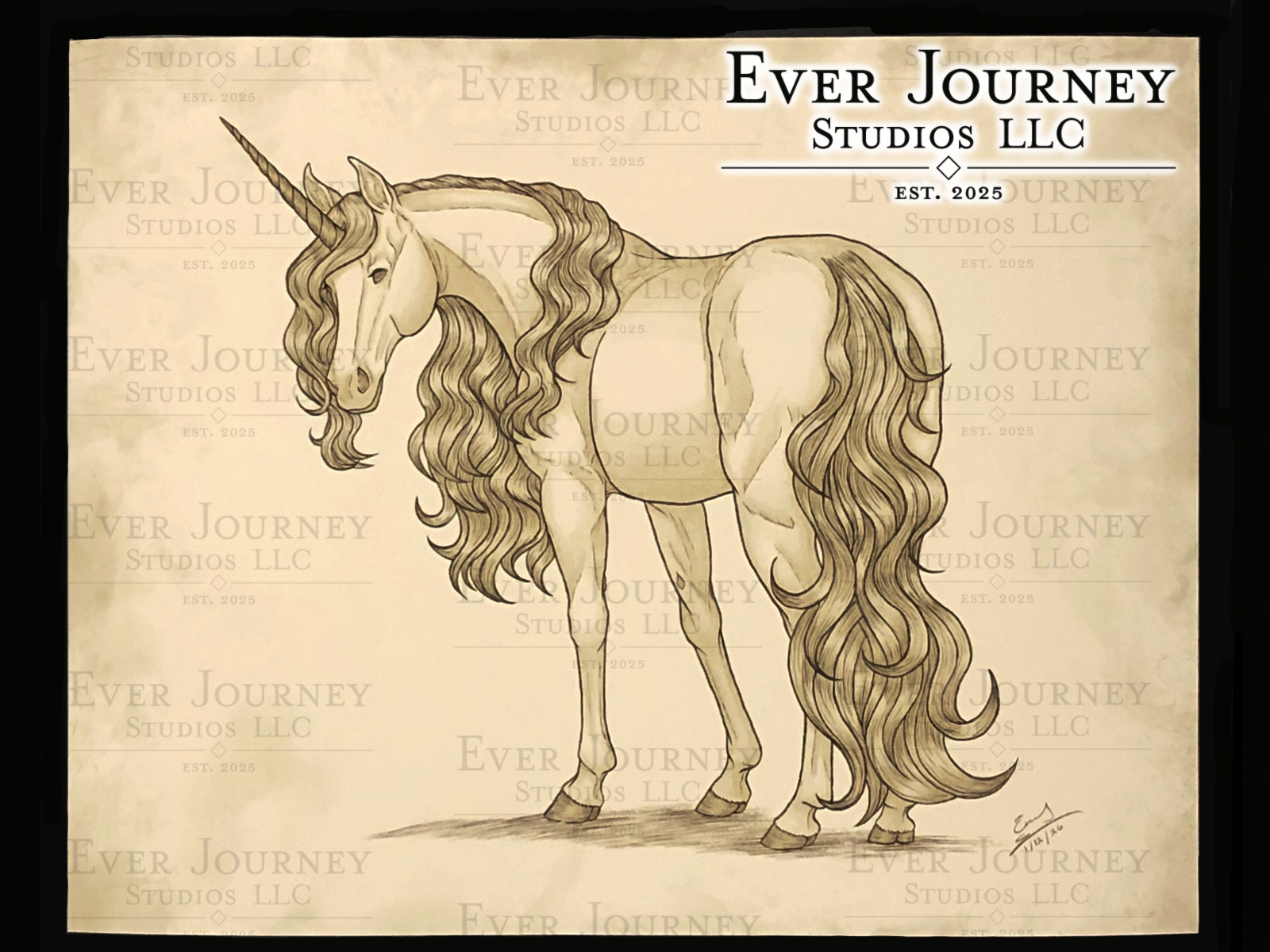 An illustration of a unicorn. The entire piece is tan-toned with aging along the edges. In the corner is a logo reading "Ever Journey Studios LLC".
