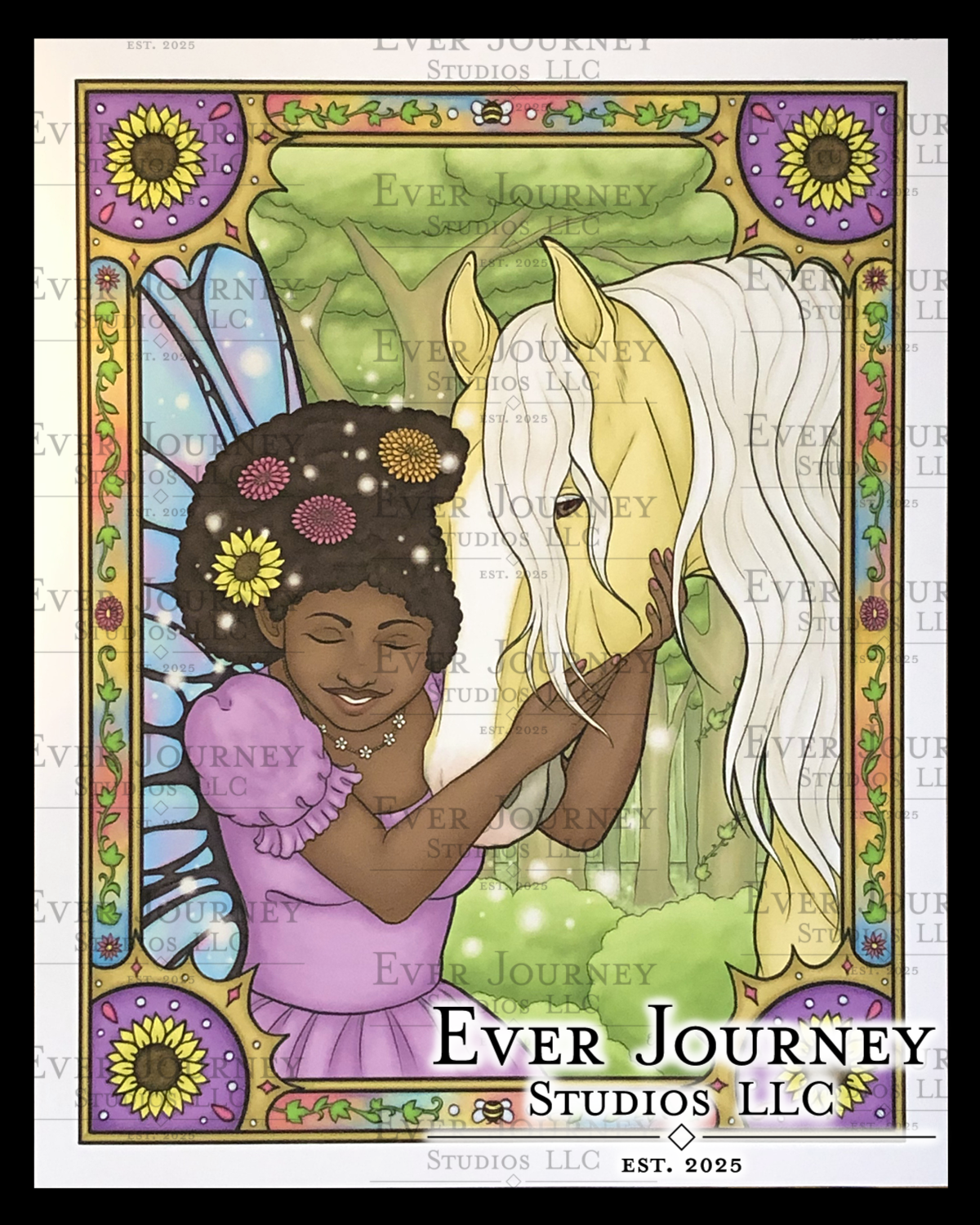 A fairy with flowers in her hair hugs a horse. A gold border with leaves and flowers surrounds them. An Ever Journey Studios LLC logo is in the corner.
