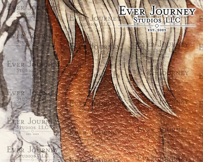 A closeup of a reddish brown horse showing paper texture details. A logo reading "Ever Journey Studios LLC" is in the corner.