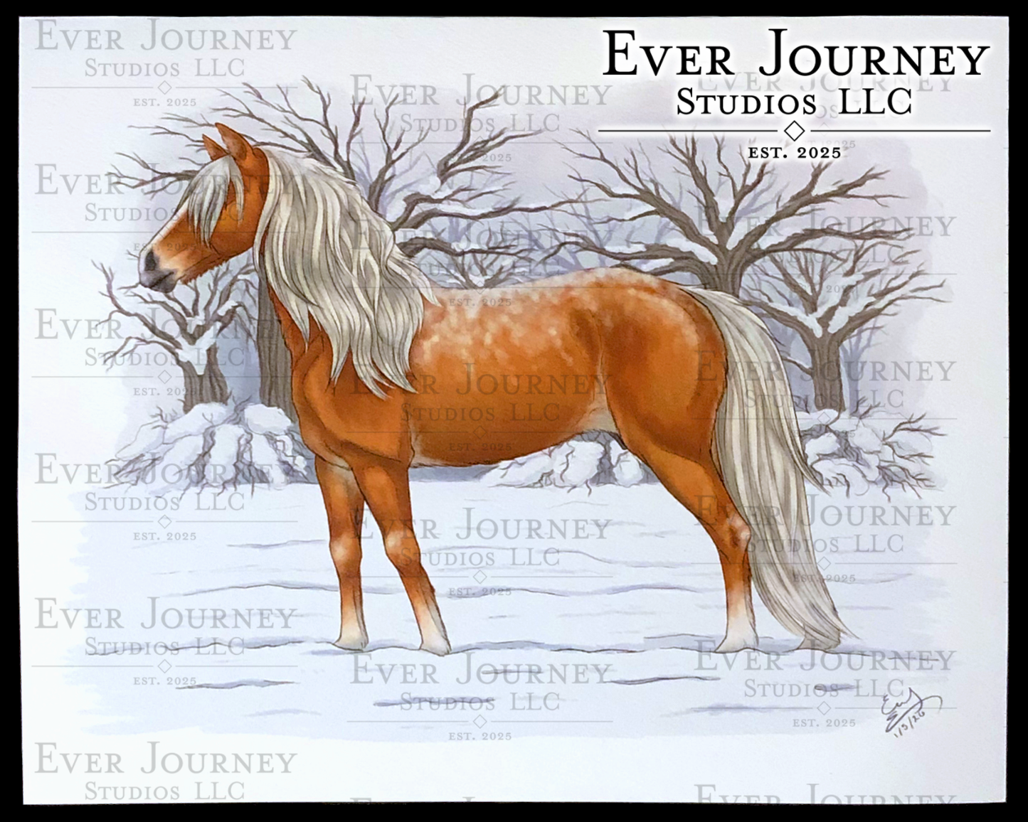 A reddish-brown horse in a snowy landscape. Trees are in the background. In the corner is a logo reading "Ever Journey Studios LLC".
