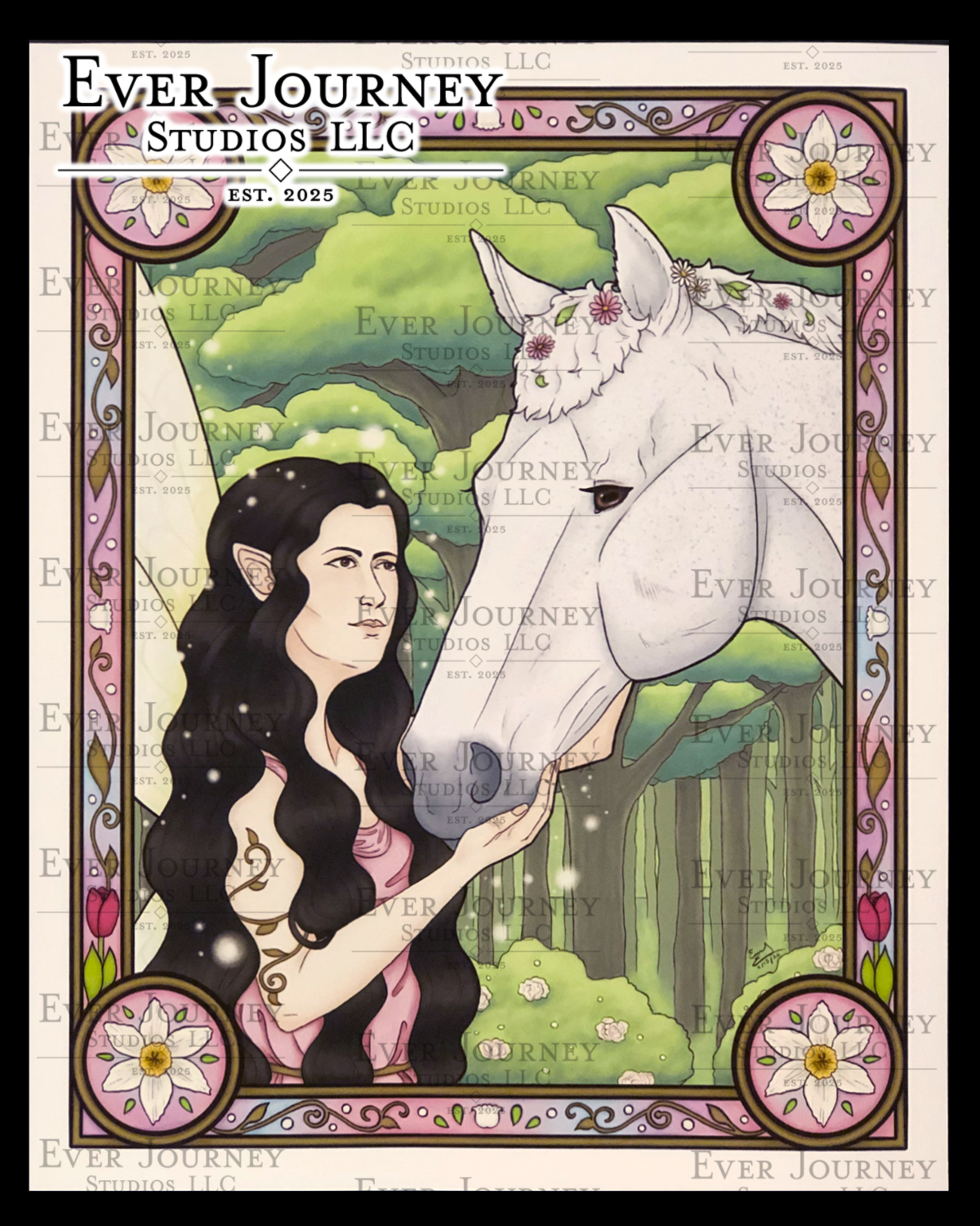 Image of a female fairy with a white horse in a woodland bordered by flowers. Ever Journey Studios LLC logo is in the corner.