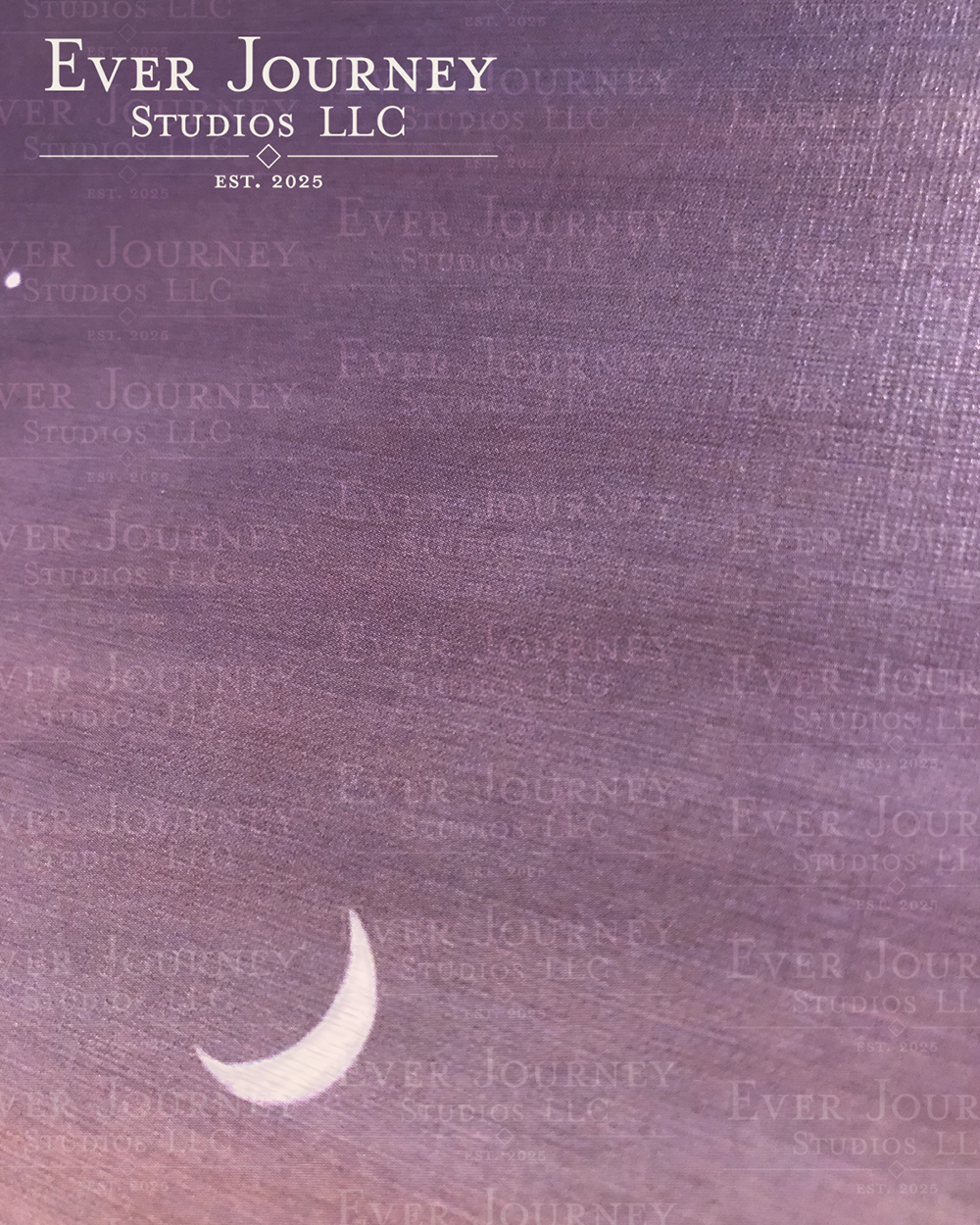 A close up showing paper texture and featuring a crescent moon and star. The Ever Journey Studios LLC logo is in the corner.