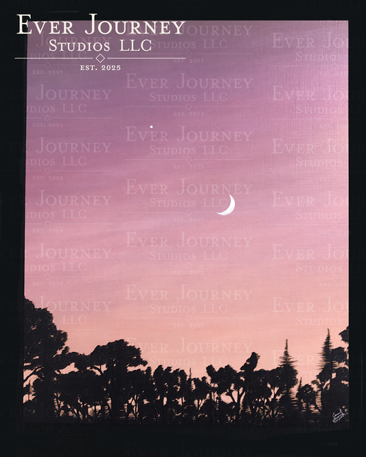 A twilit sky with a crescent moon and a single star. Trees line the bottom edge. The Ever Journey Studios LLC logo is in the corner.