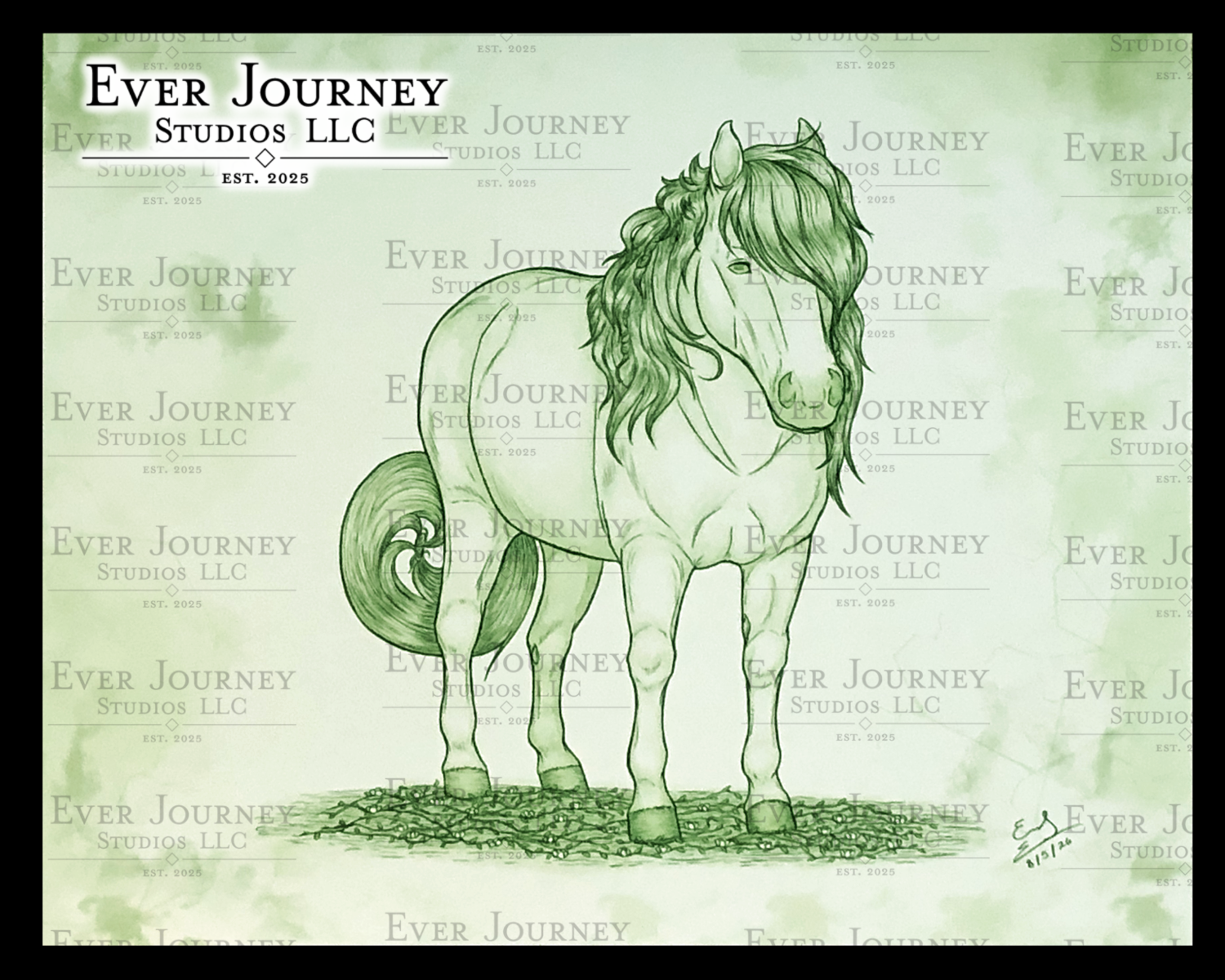 A Nuggle shaped like a Shetland Pony stands on vines. It has tangles in its mane and tail. The picture is aged and green. An Ever Journey Studios LLC logo is in the corner.