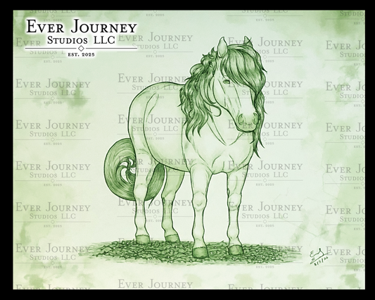 A Nuggle shaped like a Shetland Pony stands on vines. It has tangles in its mane and tail. The picture is aged and green. An Ever Journey Studios LLC logo is in the corner.
